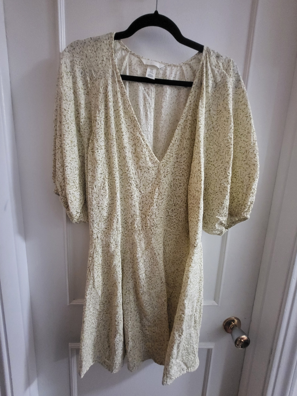 H&M Cream V-Neck Puff Sleeve Mini Dress